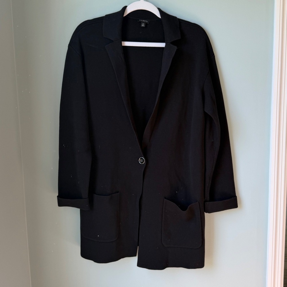 Talbots Knit Blazer Cardigan Sweater Black Single Button Pockets Size Medium